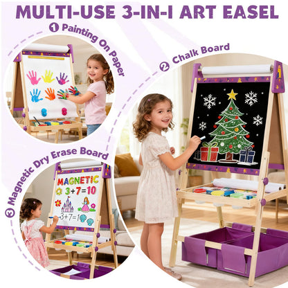 Purple Art Easel for Kids, Kids Art Easel with 3 Paper Roll, Magnetic Whiteboard and Chalkboard,Adjustable Standing Wooden Toddler Easel for Painting Double Sided,3in1 Painting Easel for 2-4 4-8 Gift