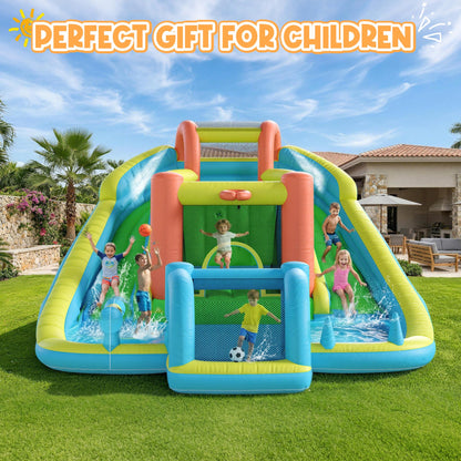 HOMMOW Inflatable Bounce House with Double Slide, Bouncy Castle for Kids 3-12 with Blower, Water Cannon, Football Net, Jumping, Climbing Wall, Basketball Hoop, Backyard Water Park for Kids