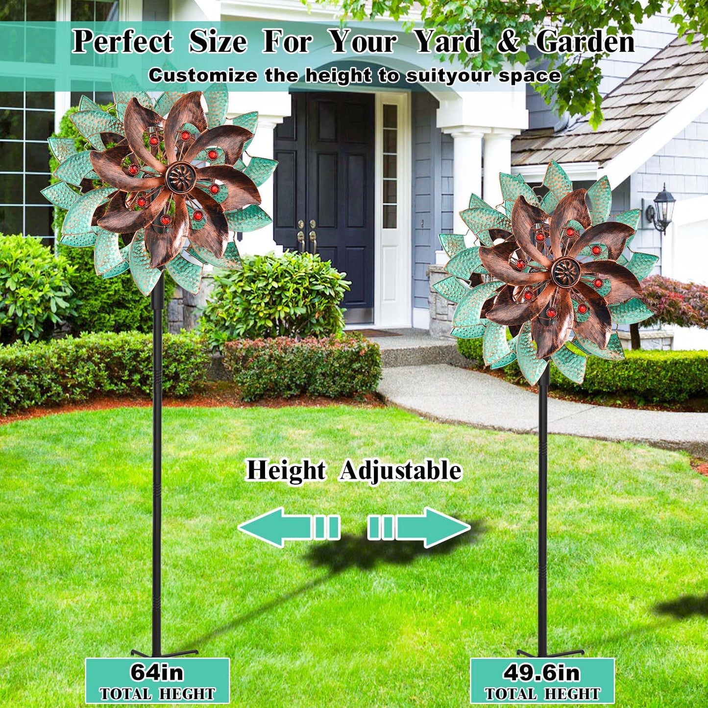 KHayRovies 360°Metal Wind Spinners Outdoor for Garden Yard, 64" Kinetic Large Wind Spinner & Sculptures with Stable Metal Stake, Garden Windmill for Yard Lawn Patio Art Decor (Green-Brown)
