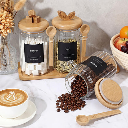 Suclain 3 Pcs Glass Coffee Container with Bamboo Color Lid & Spoon, 25 oz Airtight Glass Jar with Wooden Shelf, Food Storage Containers Coffee Jar Tea Container(Bamboo Color)