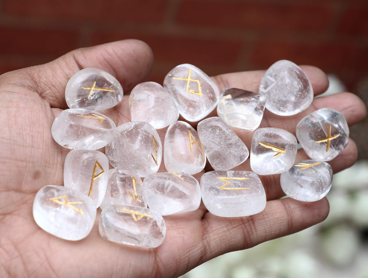 Rune Stones Sets 25 pcs Clear Quartz for Beginners with Elder Futhark Alphabets for Healing Chakra Crystals Reiki feng Shui Gemstone Runes Set Size: 15-20 mm with a Pouch & Rune brochure