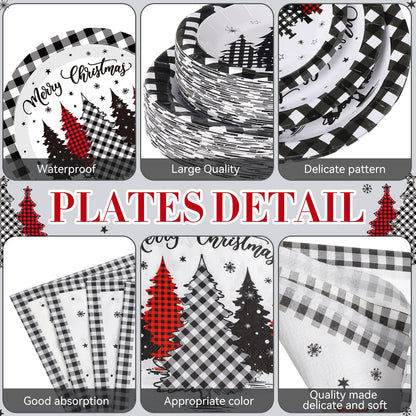 Funnymoom 452 Pcs Christmas Tree Party Supplies for 50, Black Buffalo Plaid Gingham Christmas Paper Plates Napkins Cups Tablecloth Cutlery Straws Tableware Set for Xmas Holiday Party Decorations