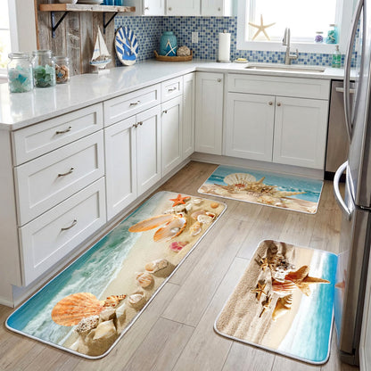 Drydiet 3 Pcs Beach Theme Kitchen Rugs and Mats Set Sea Ocean Non Slip Area Rug Coastal Starfish Shell Waterproof Floor Mat for Summer Kitchen Hallway Home Door Party Decor, 17 x 29 and 17 x 47 Inch