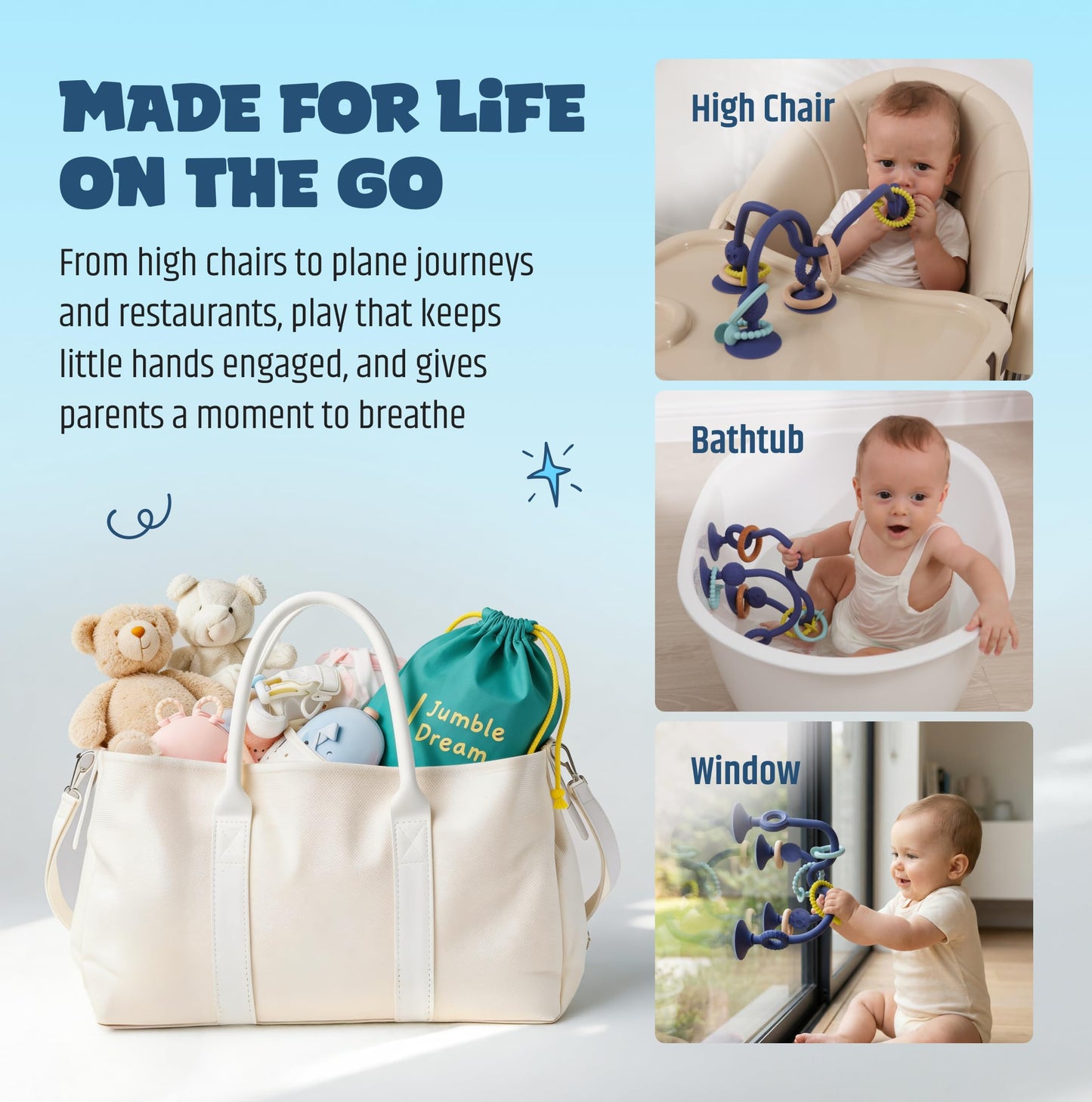 Jumble Jangle Baby Teething Toys – BPA-Free, Multi Purpose High Chair Toys & Sensory Toys for Kids with Autism: Suction Teething Relief with Sensory Toy Textures for Infants and Toddlers (Light Blue)