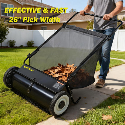 EAGWON Push Lawn Sweeper, 26-Inch Width, 7 Cu. Ft. Hopper Capacity, 4 Spinning Brushes, Adjustable Height, Durable Steel Frame with Rubber Wheels, Ideal for Leaves and Grass