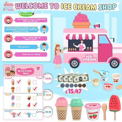 INNOCHEER Ice Cream Toy, Wooden Ice Cream Play Set, Pretend Play Kitchen Toys, Ice Cream Toys for Toddlers, Ice Cream Shop Playset Play Store, Gifts Toys for 3 4 5 6 7 8+ Year Old Girls Boys