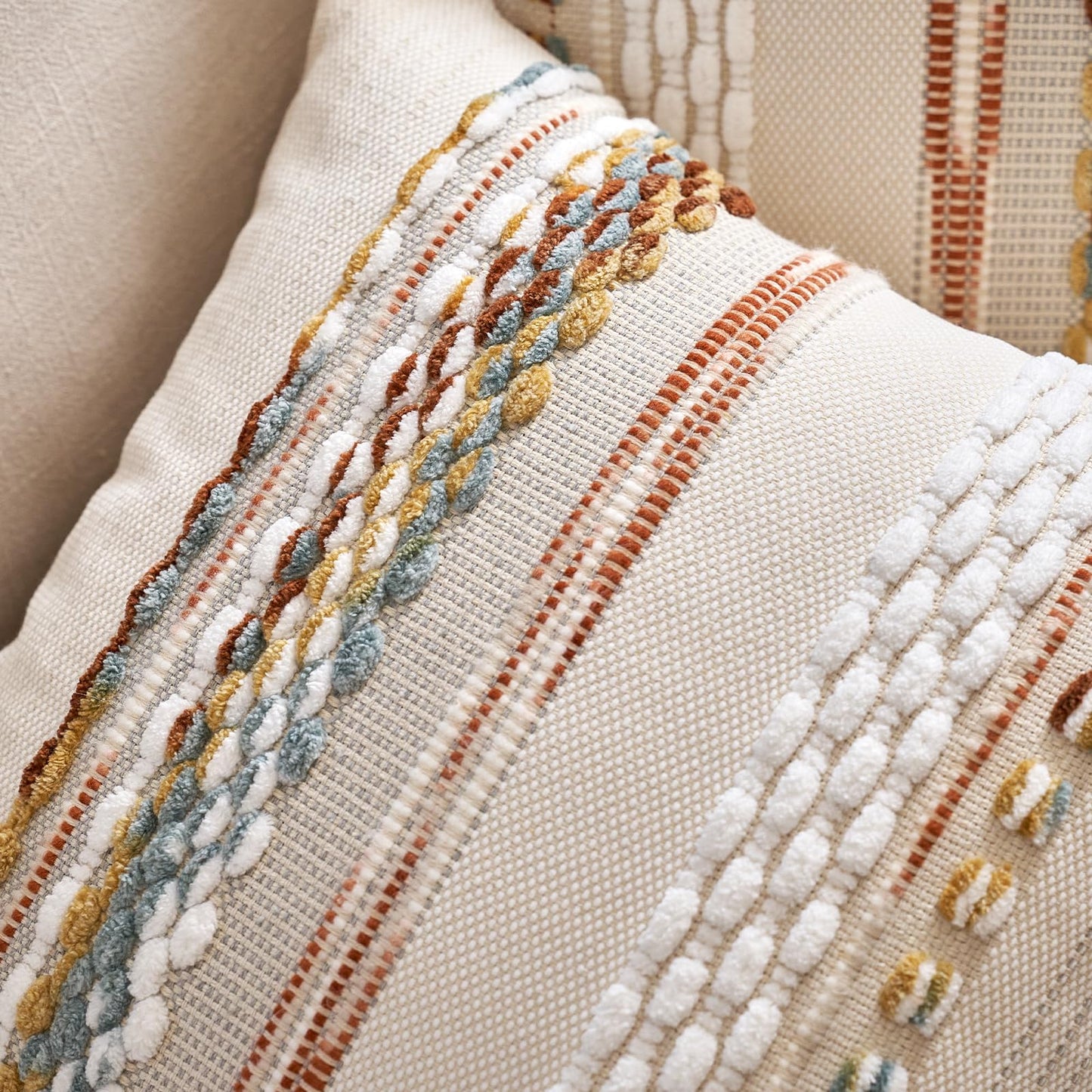 Aeckself Boho Throw Pillow Covers 18x18 Inch Set of 2, Farmhouse Decorative Striped Square Pillow Covers Chenille Tufted Pillow Cases Accent Neutral Pillowcase for Living Room Couch Bed, Orange White