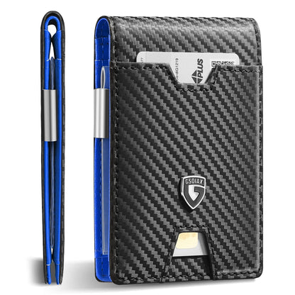 GSOIAX Men's Slim RFID Blocking Leather Wallet with Money Clip Minimalist Carbon Fiber Bifold Credit Card Holder 11 Card Slots Stocking Stuffers Included Gift Box (Carbon Blue)
