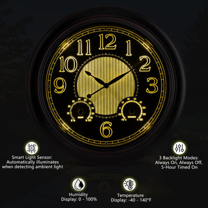 18 Inch Large Illuminated Outdoor Wall Clock, Waterproof Wall Clock with Smart Night Light Sensor, Lighted Large Wall Clock with Thermometer & Hygrometer for Patio Pool Porch Garden & Home Decor