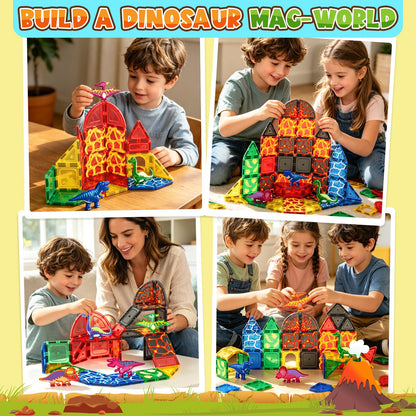 Coodoo Dinosaur Toys Magnetic Tiles Lava Dinosaur World Set - Magnetic Blocks Building for Kids 3-5 5-7 Girls Boys Toy Age 4-6 6-8, Classroom Must Haves Toddler Sensory for 3+ Year Old Kids Toys