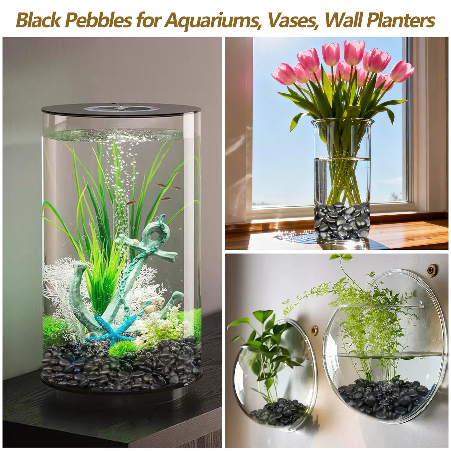 Garrdeen 5LB Black Polished River Rocks, 0.5–1.0 inch Small Pebbles for Indoor Plants, Aquarium Rocks, Fish Tank Gravel, Decorative Stones for Planters, Vase Fillers & Landscaping Decor