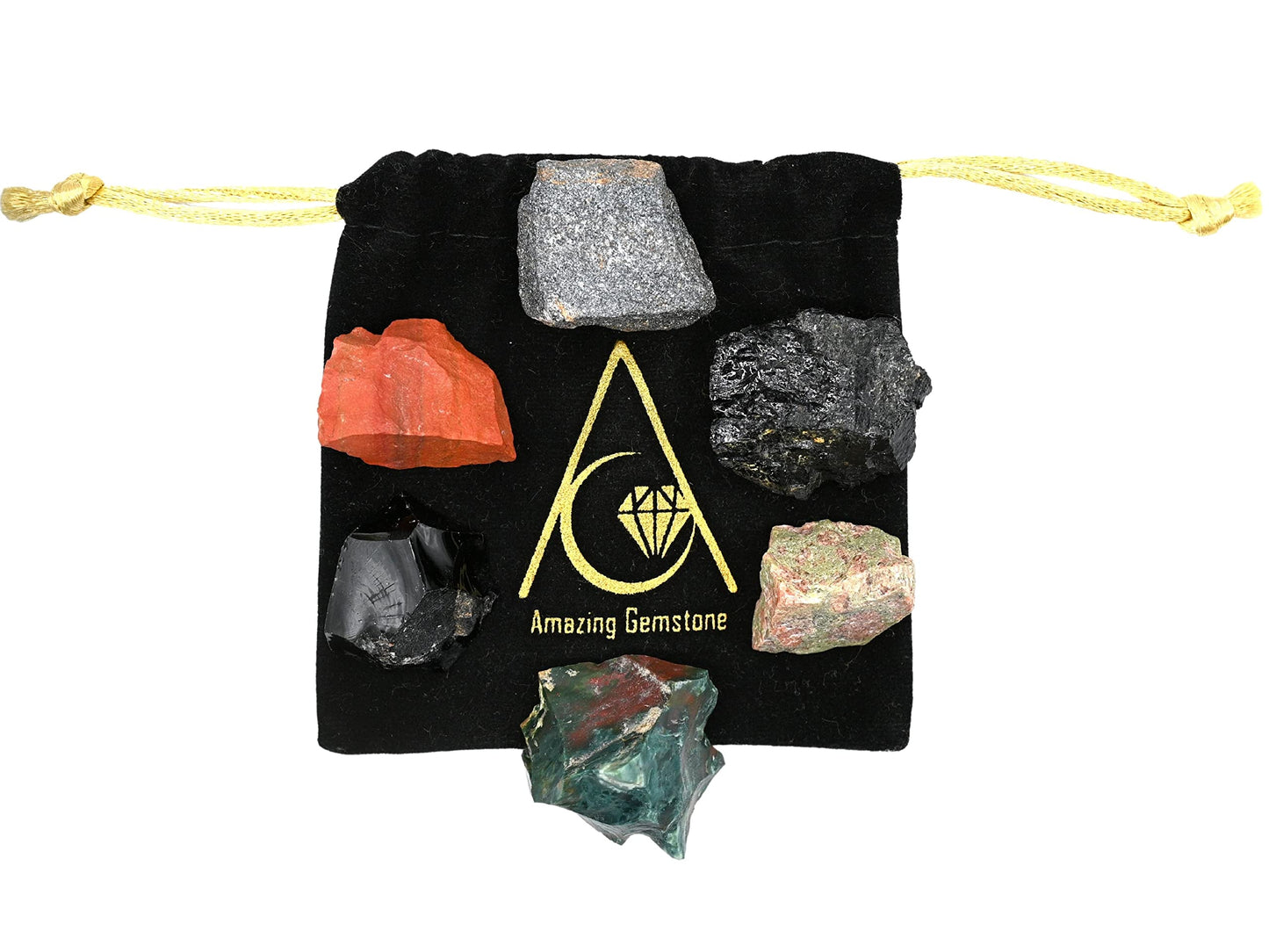 Amazing Gemstone Crystals for Health Manifestation, Set of 6 Red Jasper, Black Obsidian, Black Tourmaline, Bloodstone, Hematite and Unakite Healing Crystals and Stones