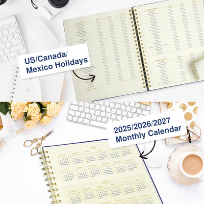 AuroPlanner Undated Daily Planner To Do List Hourly Schedule 2027 2026 2025 Calendar & Holiday Habit Tracker 180 Pages Letter Size 8.5" x 11" Sheets Hardcover Spiral Bound Notebook (Navy Blue)