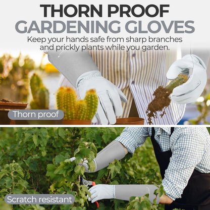 HANDLANDY Long Gardening Gloves for Men & Women, Thorn Proof Rose Pruning Gloves Leather Gauntlets Garden Glove Yard Work Glove (Silver Gray, Large)