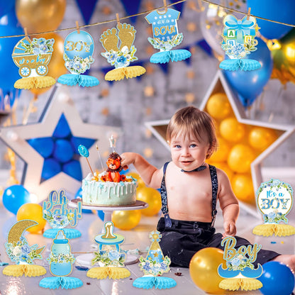 Tarklanda 12Pcs Baby Shower Honeycomb Centerpieces Party Decor for Boys,Blue Gold Floral It's a Boys Gender Reveal 3D Table Centerpieces Decoration for Kids Baby Shower Party Photo Props Supplies