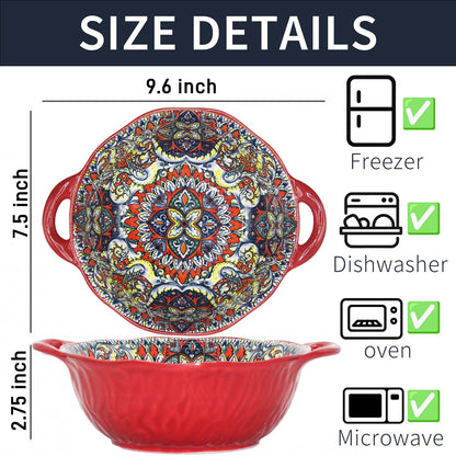 Ronanemon Bohemia Large Bowls with Handle, 40 oz Ceramic Soup Bowl for Salad, Pasta, Cereal,Fruit, Udon, Microwave & Dishwasher Safe (Red)