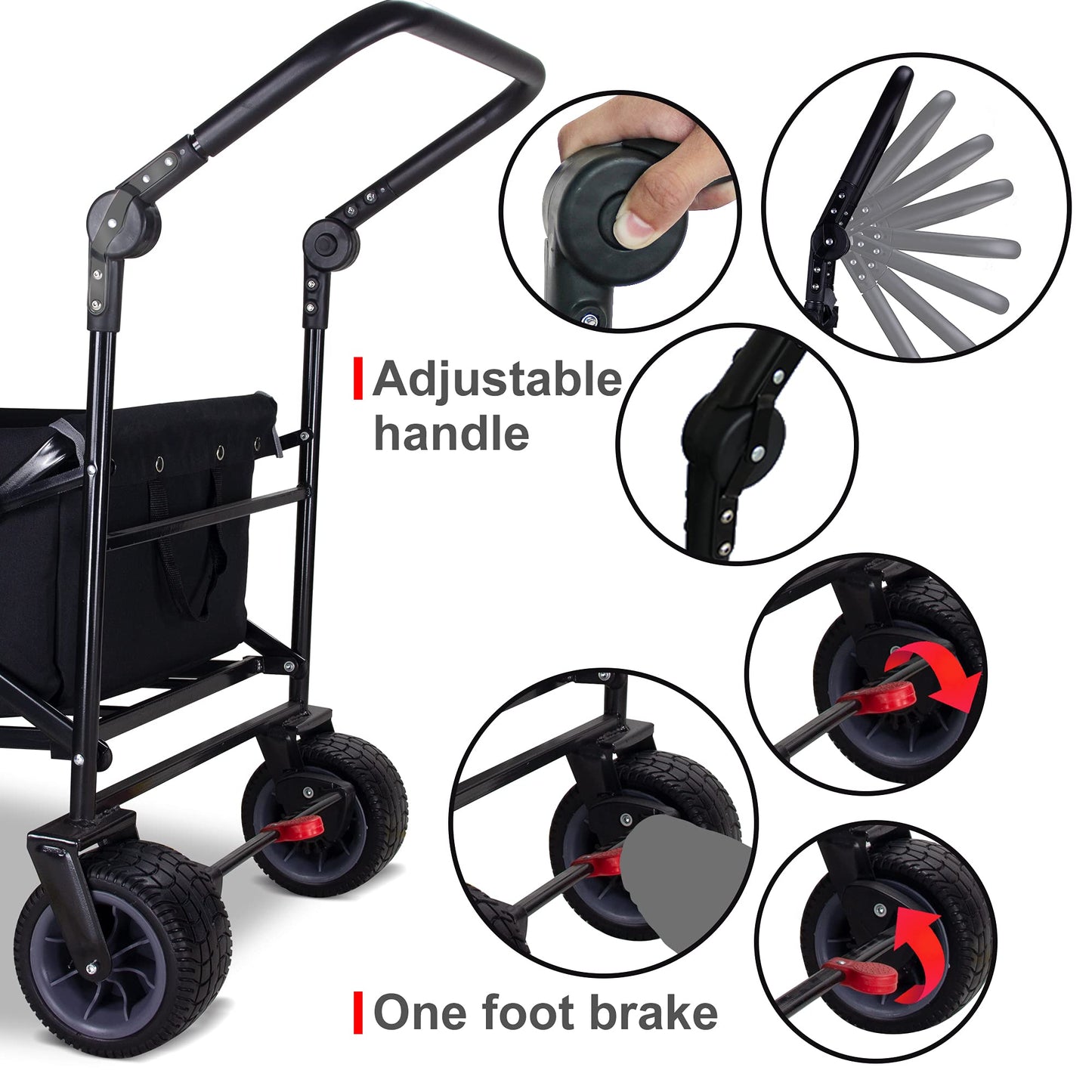 TMZ All Terrain Utility Folding Wagon, Collapsible Garden Cart, Heavy Duty Beach Wagon, for Shopping, Camping, and Outdoor Activities with Push Handle and Brake (Black/Grey)