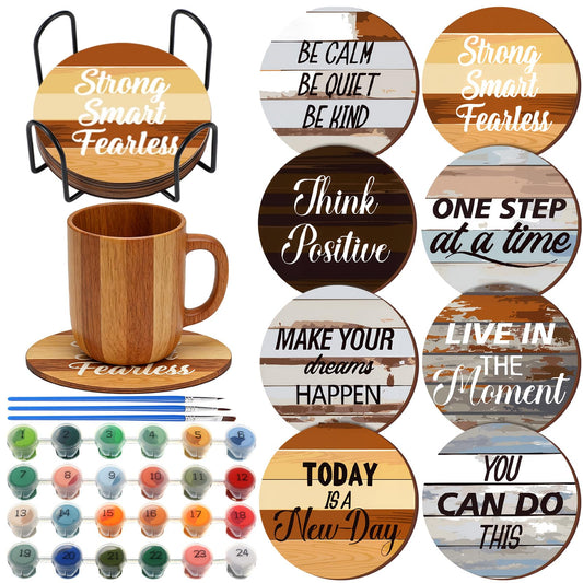 Reallnaive 8 Pcs Inspirational Paint by Numbers Kit for Adults Farmhouse Motivational Coasters with Holder Mini Paint by Numbers Wood Round Oil Painting Drink Coaster for Small DIY Craft Birthday Gift
