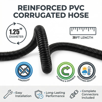 MPOBSP Corrugated Pond Tubing - Flexible, Kinkproof, Reinforced PVC Hose for Water Gardens, Pumps, Waterfalls & Aquaculture (20 Feet Black, 1-1/4 Inch)