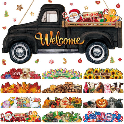 Ferraycle Independence Day Interchangeable Welcome Sign 4th of July Seasonal Truck Decor Door Signs with 12 Holiday Icons Rustic Farmhouse Interchangeable Holiday Decor(Black, Lateral Style)
