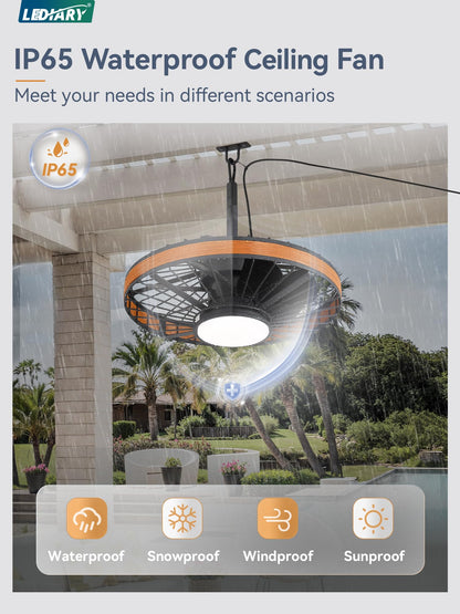 LEDIARY Outdoor Ceiling Fans with Lights, IP65 Waterproof Gazebo Fan with Hanging Hook,6 Speeds, 3CCT, 20 Inch Wet Rated Plug in Ceiling Fan for Patios,Porch, Pergola,Canopy, Brown