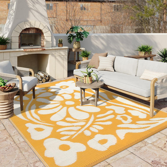Uphome Outdoor Rugs 8x10 Waterproof, Reversible Orange Floral RV Camping Rug, Patio Plastic Straw Outside Rug, Large Foldable Outdoor Mat Carpet for Backyard Deck Pool Balcony Picnic Beach, 8'x10'
