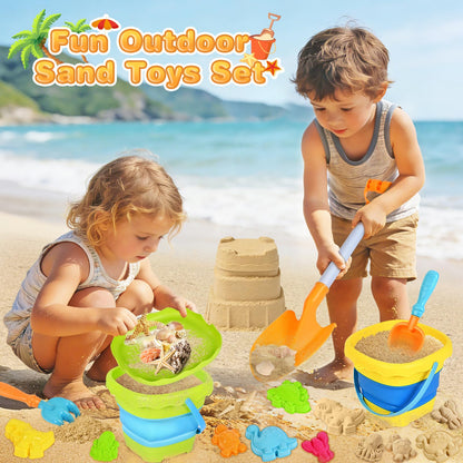SpringFlower Beach Sand Toys for Kids, Sand Toys with 2 Collapsible Beach Bucket with Sifter Shovels Set with Mesh Bag and 6 Sand Molds, Foldable Beach Travel Beach Sandbox Toys, 11 PCS