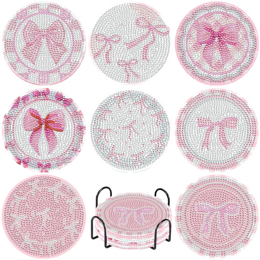 8 Pcs Diamond Painting Coasters,Diamond Painting Kits,Pink Bow Diamond Art Coasters,5D DIY Full Drill Diamond Dots,Gem Art Kits for Adults Arts and Crafts Supplies