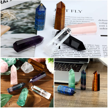 Junkin 9 Sets Healing Crystal Wand, Amethyst Rose Quartz Clear Quartz Tiger Eye Obsidian Fluorite Labradorite Lapis Lazuli for Meditation Crystal Therapy Reiki Supplies(Mixed Color,2-2.4 Inch)
