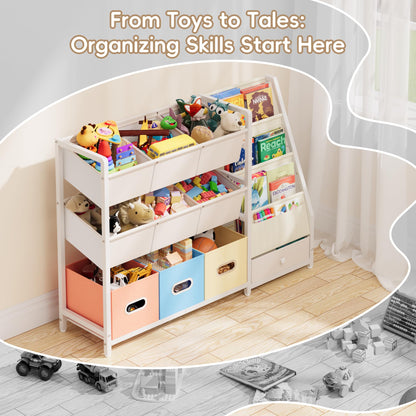 HAVLOTII Toy Storage Organizer - Kids Bookshelf and Toy Storage with 3 Book Shelf and 10 Storage Bins, Montessori Playroom Storage for Toddler, Baby, Book Shelf for Kids Rooms
