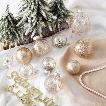 Wironlst Christmas Ball Ornaments Shatterproof Clear Large Plastic Hanging Ball Decorative Baubles Set with Stuffed Delicate Decorations (Multi-Size, Champagne)