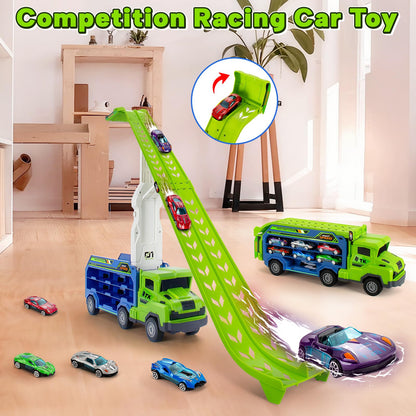 Kids Toys for 3 4 5 6 7 8 Years Old Boys, Carrier Truck Transport Car Toys, Foldable 2 Layer Car Race Track Playset with 25-in Race Track, 6 Metal Toy Cars, Birthday Toy Gift for Toddler Boys Girls