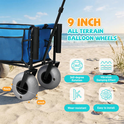 Fishing Cart with Big Wheels for Sand, 9" All-Terrain Wheels, Beach Wagon for Sand, Equipped with a Rod Holder and Side Pockets for All Your Fishing, Camping or Beach Supplies, Blue & White