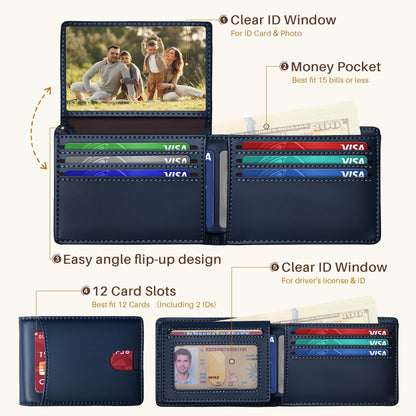 Tipmile Wallet for Men Slim RFID Blocking Credit Card Holder, Minimalist Men Wallets 12 Cards with 2 ID Windows & Cash Slot, Bifold Front Pocket Wallet Gifts for Men