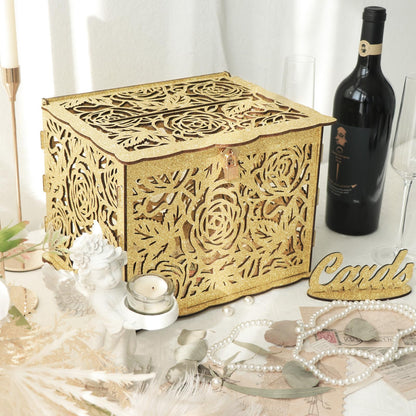 OurWarm Glittery Gold Wedding Card Box with Lock, Wood Gift Card Box for Reception, Money Honeymoon Fund Card Boxes for Baby Shower, Birthday, Graduation Party Rustic Wedding Decorations