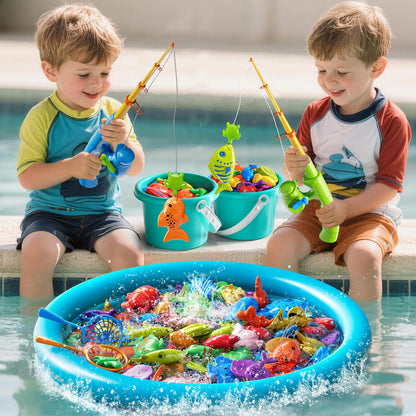 Magnetic Fishing Game Pool Toys for Kids 3 4 5 6 7 8, Water Table Bathtub Toys with Inflatable Pool, Bath Toys for Toddlers, Summer Outdoor Indoor Magnetic Fishing Toys Gifts for Boys Girls 3-5 4-8