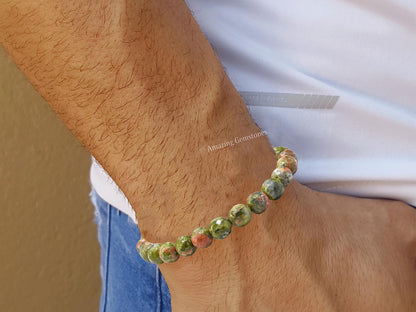 Amazing Gemstone Unakite Bracelet for Women - Chakra Mens Bracelet Protection Crystals and Healing Stones - Blessing Spiritual Meditation Stocking Stuffers (Faceted Beaded Bracelet, Adjustable)