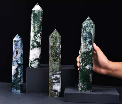 AMOYSTONE Extra Large Healing Crystal Obelisk Towers Moss Agate Point Wand Home Decor Reiki Healing 2.2-2.6LBS