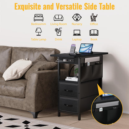 Yenlure Small Side Table with Charging Station, Narrow Nightstand Bedside Tables with Storage Pocket for Living Room Bedroom, Sofa End Table with USB Ports and Power Outlets for Small Spaces