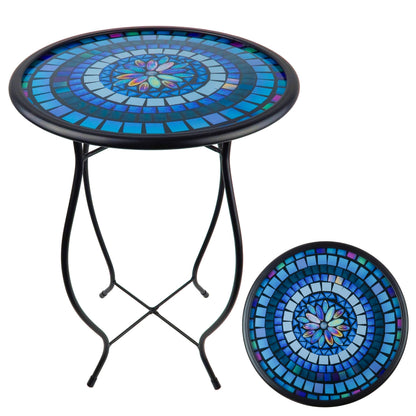 MooneLit Creations Blue Mosaic Glass Accent Side Table & Plant Stand – Great Gift, Perfect for Indoor/Outdoor Use, Decorative Metal Pedestal for Patio, Garden & Home Décor