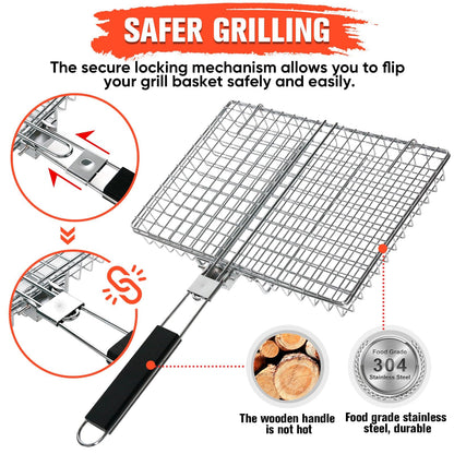 Grill Baskets for Outdoor Grill|Stainless Steel Large Grilling Basket with Removable Wooden Handle|Fish Grilling Basket Grilling for Meat,Steak,Vegetables & Seafood| Grilling Gifts for Dad/Men,Perfect Grilling Accessories