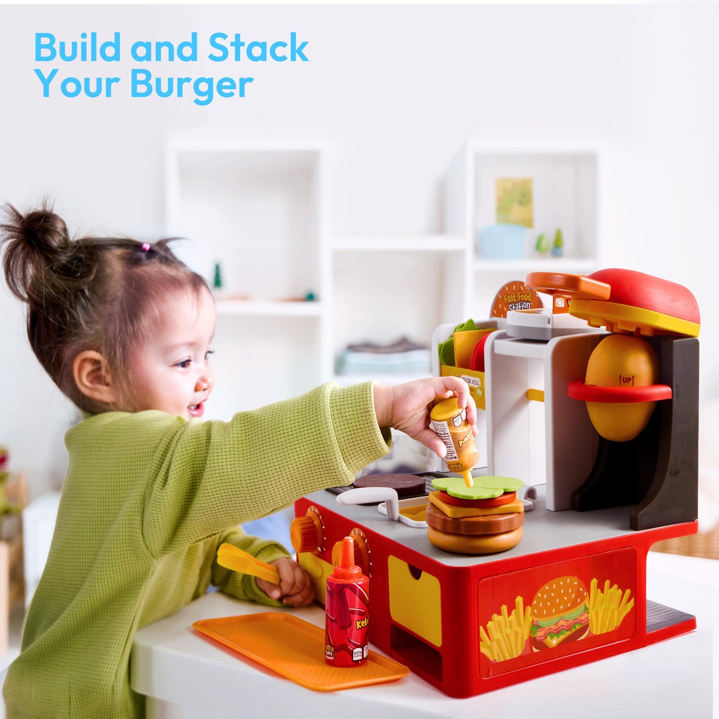 lalalark Restaurant Play Food Set Toy, 40+ PCS Fast Food Playset with Potato Cutter, Simulated Frying Effect & Lights, Order, Card & Drink Station, Interactive Role Play Toy Birthday Gift