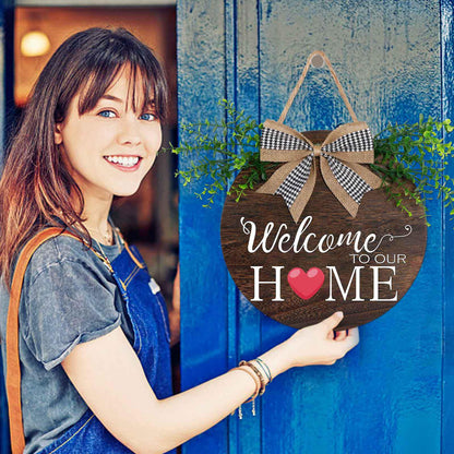 Yonuni Interchangeable Welcome to Our Home Sign, Equipped with 16 Replaceable Icons, Farmhouse Front Door Signs Wooden Wreath Suitable for All Seasons Holiday Halloween Christmas (12x12 Inch)