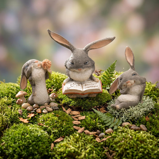 TZSSP 3-Piece Miniature Bunny Figurines Set, Cute Resin Rabbit Statues for Fairy Garden, Terrarium & Cottagecore Decor, Whimsical Reading Bunny Accessories
