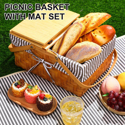 Blushtier Picnic Basket with Blankets Kit, Handwoven Natural Woodchip Basket with Lid Handle and Extra Large Foldable Waterproof Picnic Mat for Outdoor Camping Beach Grass Party Hiking Travel (Black)