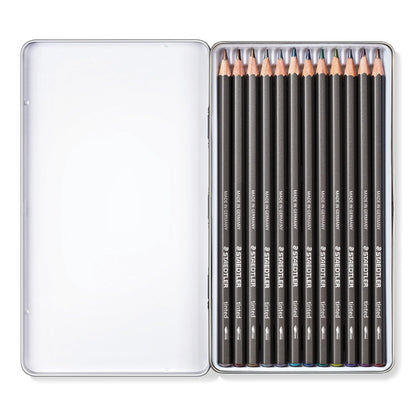 Staedtler Water-Soluble Tinted Graphite Pencils, Watercolor Artist Set, Pre-sharpened, 12 Colors in Metal Tin, 14610T M12