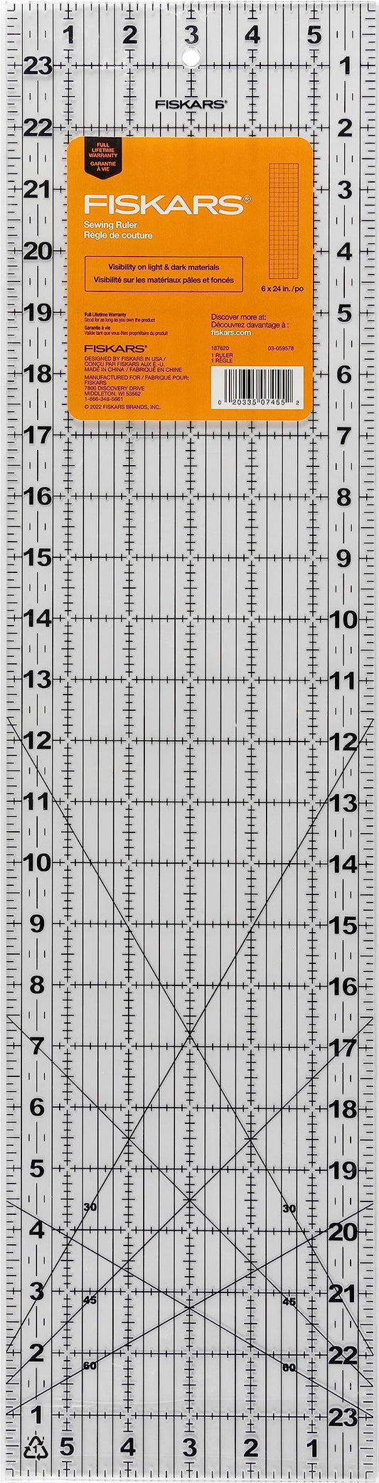 Fiskars Sewing Ruler (6"x 24") - Sewing and Quilting Ruler with Gridlines - Arts and Craft Supplies - Clear/Black