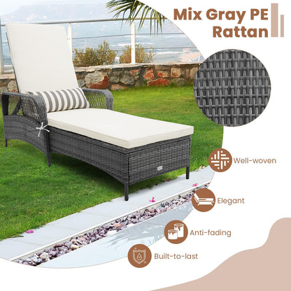 COSTWAY PE Rattan Chaise Lounge Chair, 6 Gear Adjustable Recliner with Armrest & Pillow, Wicker Outdoor Furniture for Deck, Patio (1, Gray)