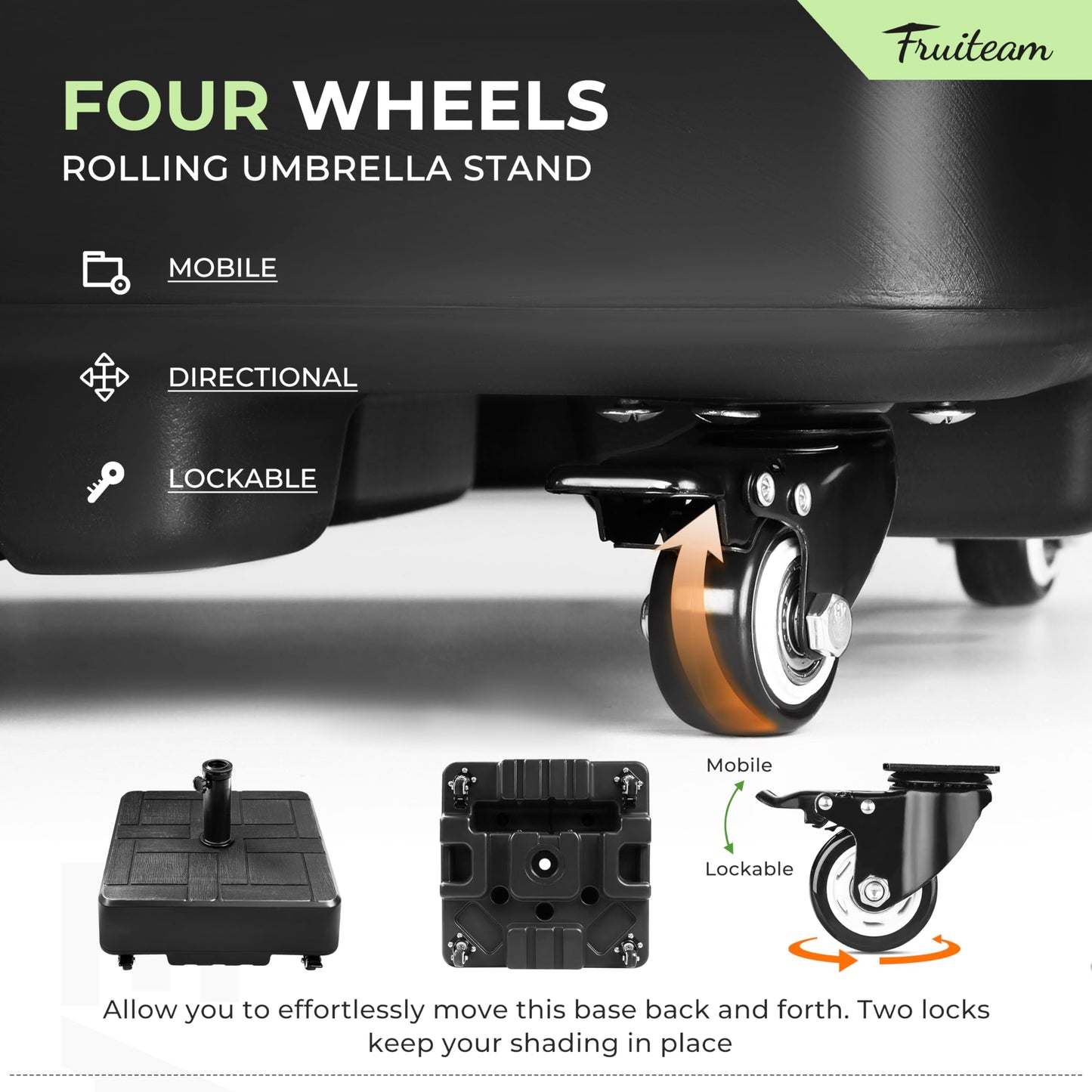 FRUITEAM Umbrella Base with Wheels, 100 LBS Heavy Duty Patio Umbrella Stand, Fillable Weighted Umbrella Base Holder for Patio, Deck, Poolside, Rust-Resistant and Windproof Design - Black