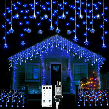 Aurelema Christmas Snowflake Icicle Lights, 33 ft Outdoor Snowflake Lights with Remote 8 Mode Waterproof 380 LEDs 76 Drops for Curtain Eaves Garden Indoor Outdoor Xmas Home Decor Wedding(Blue)